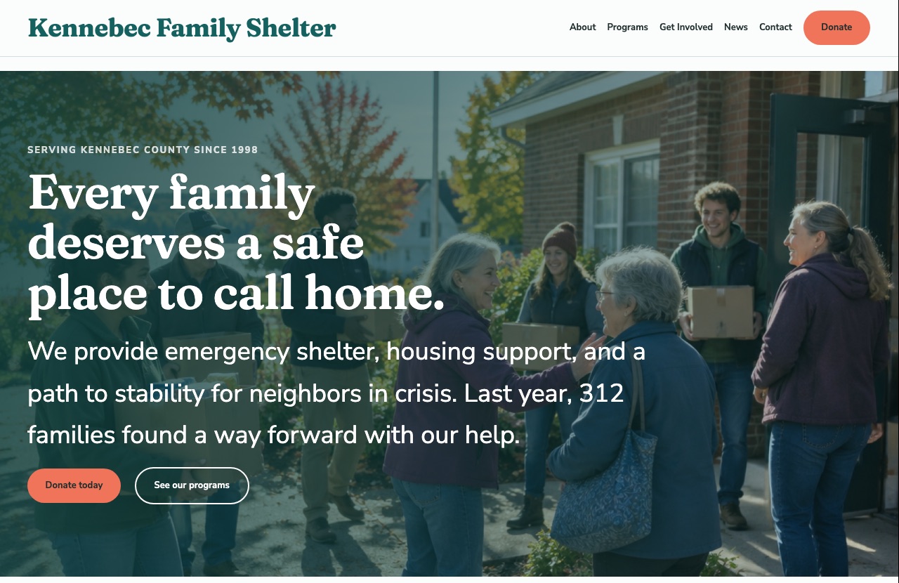 The demo homepage: a full-width photo of volunteers with the headline over it